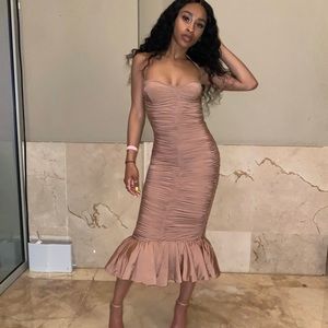 ‘CLAUDINE' TAN RUFFLE MIDI DRESS